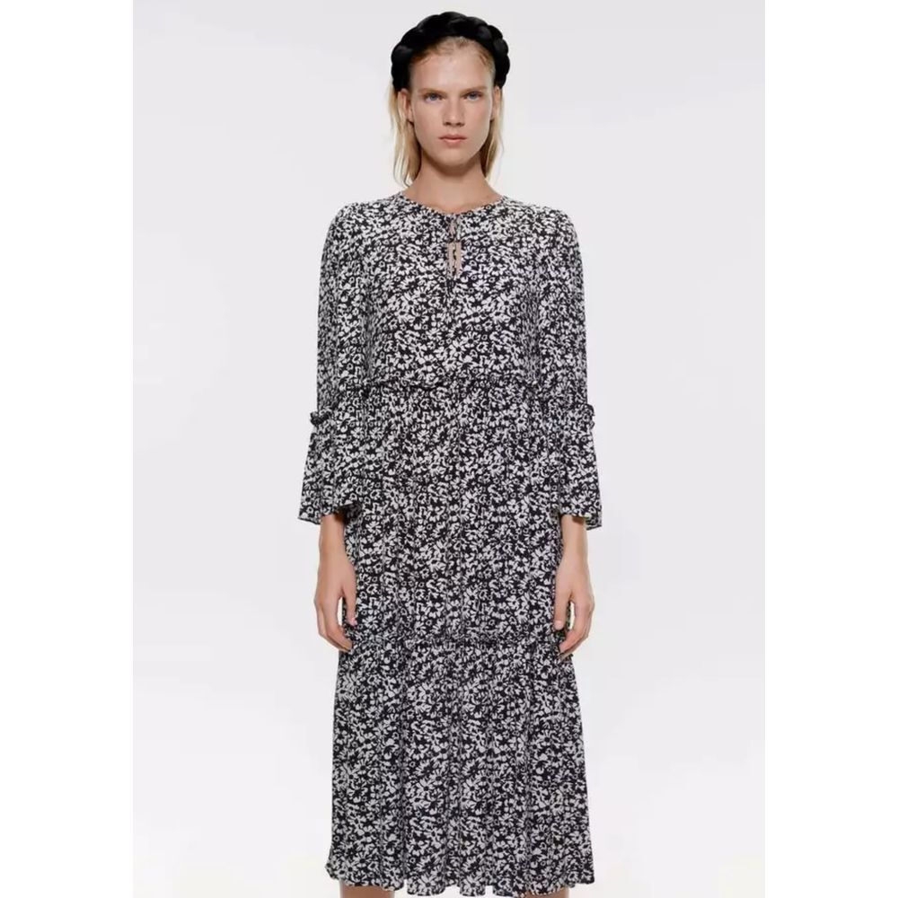 Zara white black midi ruffle floral dresss size medium boho relaxed fit flowy